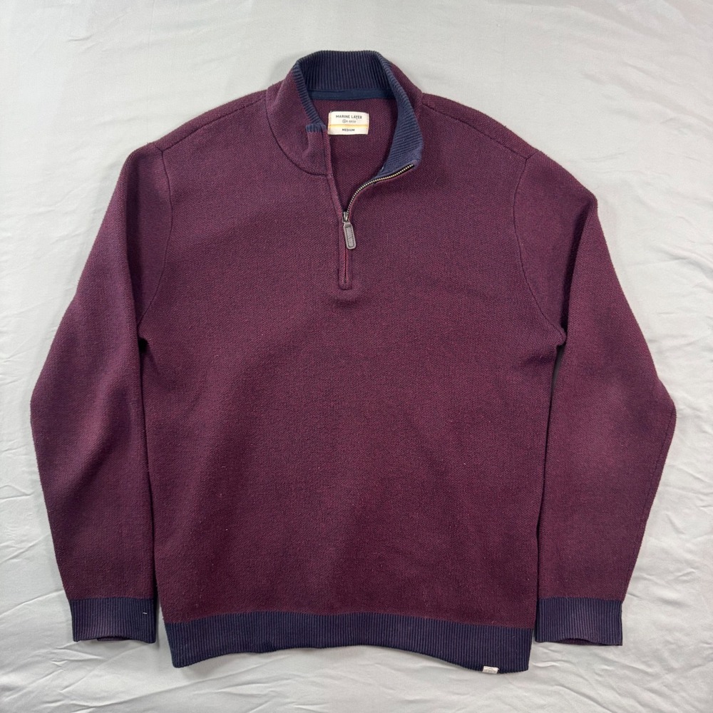 Marine Layer Re-Spun Myers 1/4 Sweater Pullover Burgundy Navy Textured